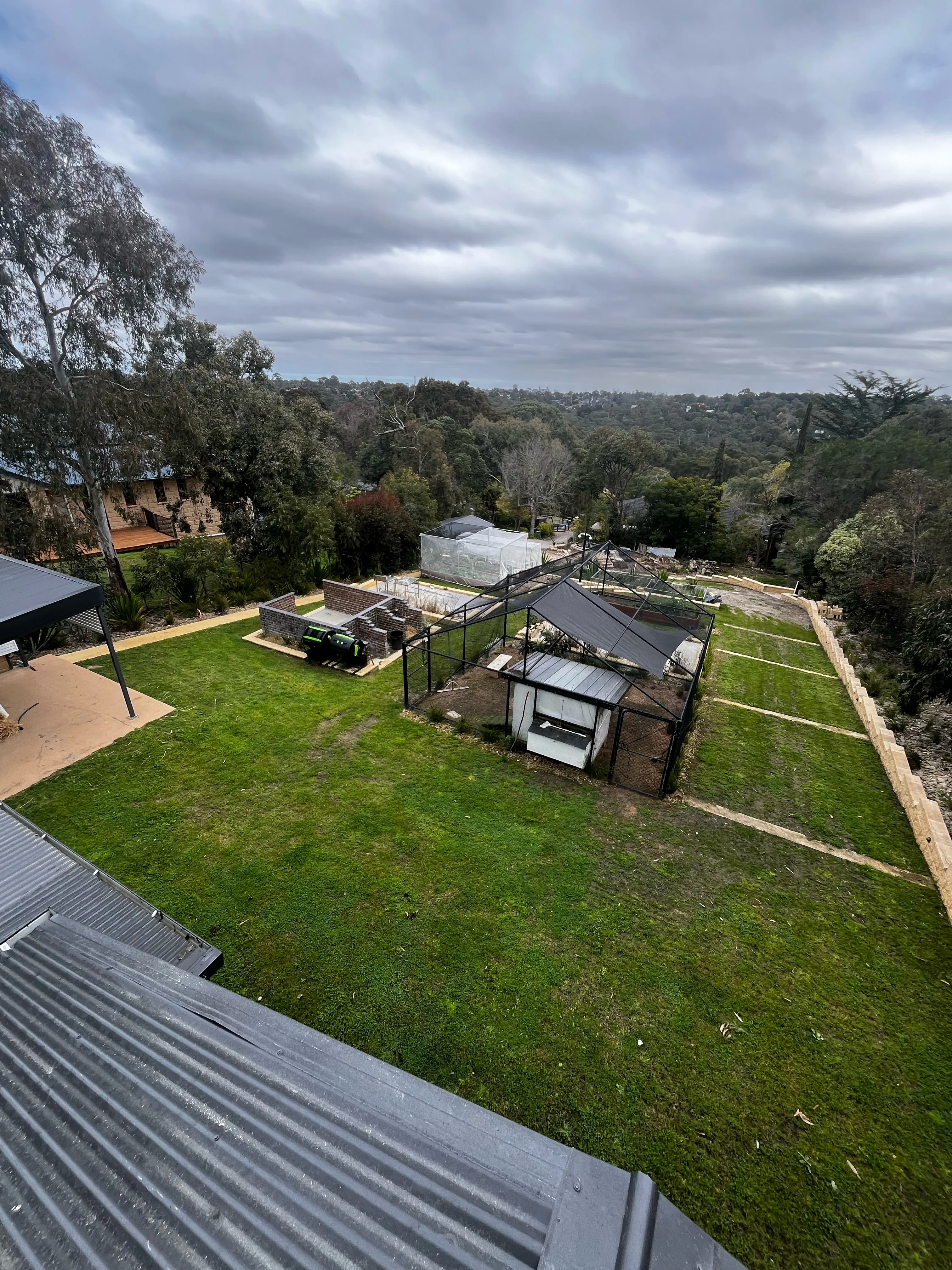High view over a finished terraced backyard lawn and chicken run, with sleeper edging and a tree-lined valley under a cloudy sky.