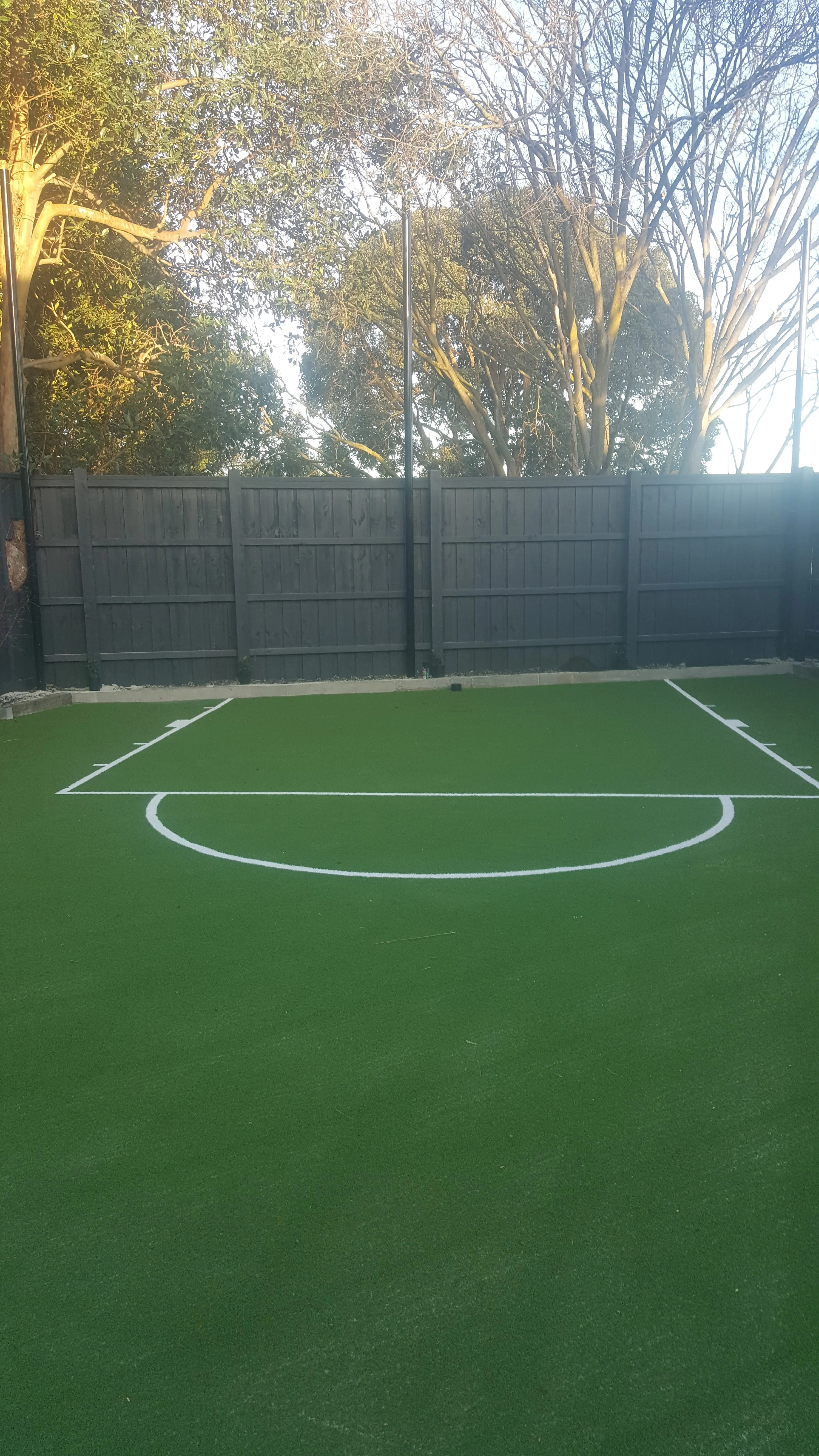 Green synthetic grass futsal pitch with white line markings, a dark green perimeter fence and trees behind.