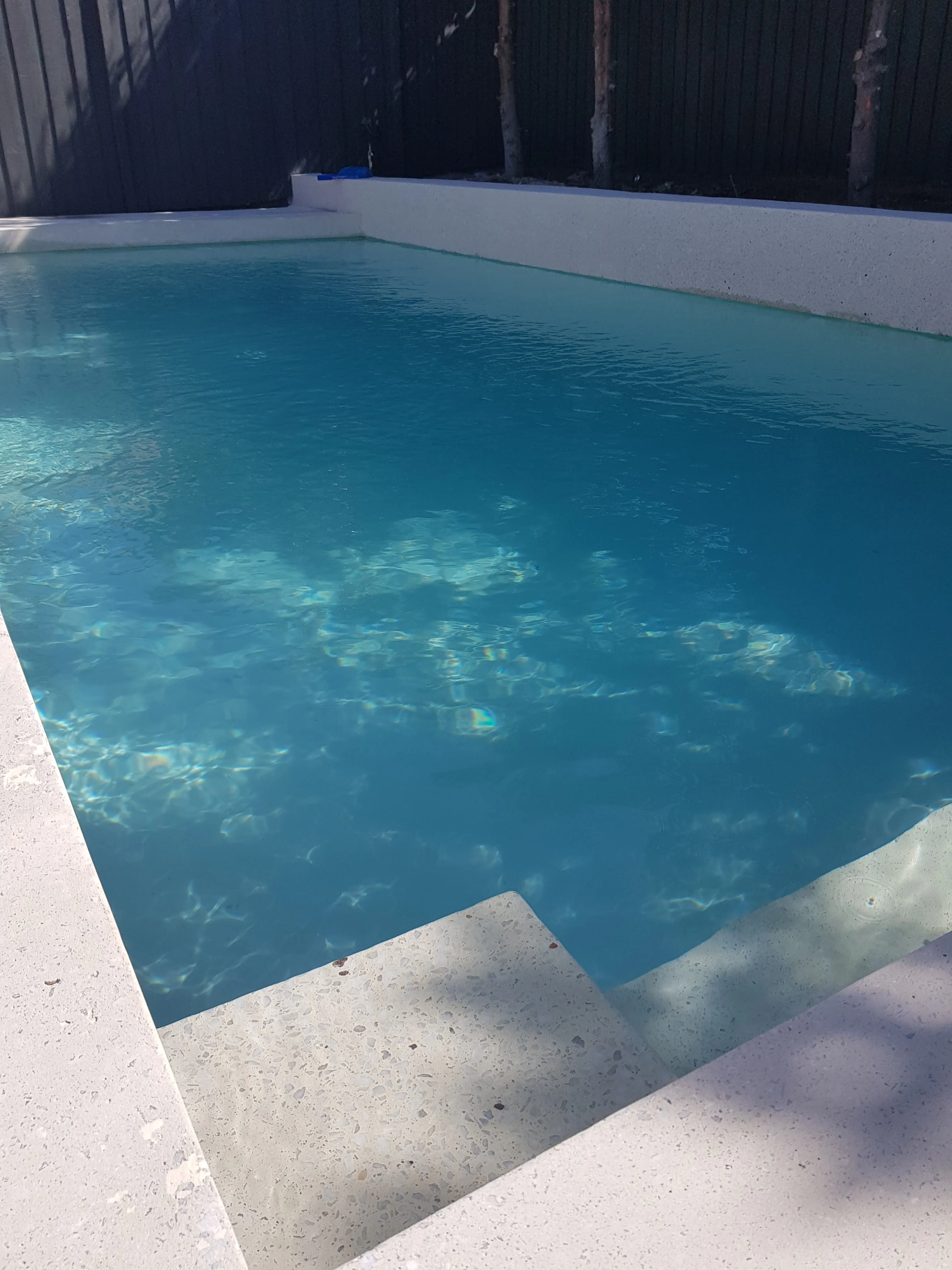 Close view of clear pool water and pale coping in afternoon light.